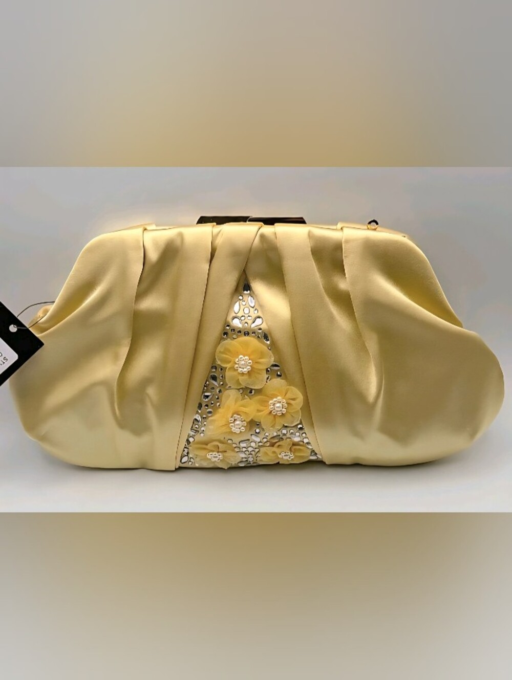 Badgley Mischka Gold Satin Crystal & Floral Embellished Clutch NWT